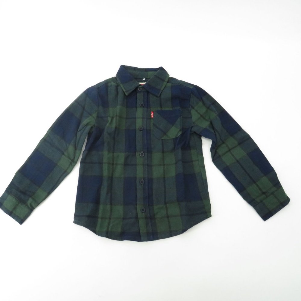 Levi's Boys Button Up Blue Green Flannel Shirt XS 4/5 NWT $40